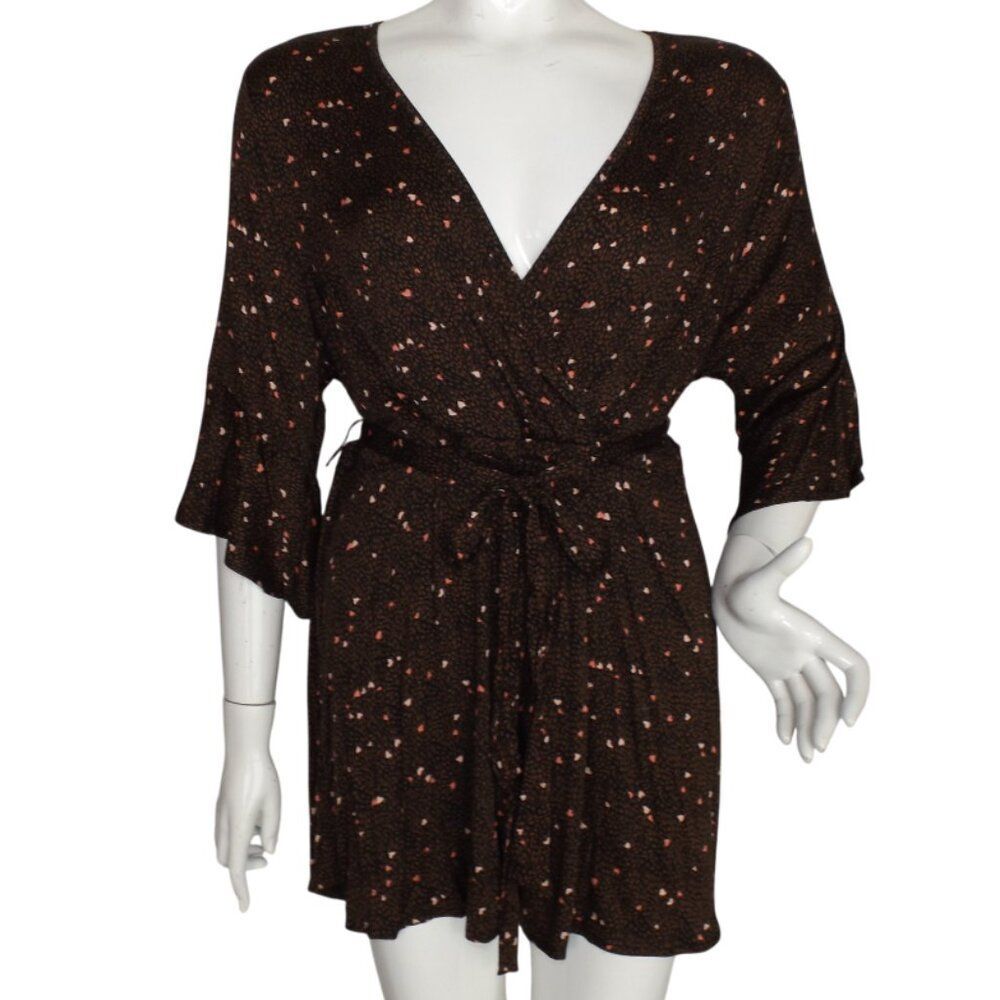 TORRID Top, 1/1X, Brown/Pink Hearts, Tunic, Belt/Sash, 3/4 sleeves Bell Cuff